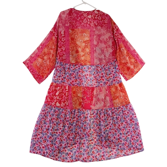 UMGEE Patchwork Kimono Boho Long Open Front Sheer Duster Bold Pink Orange Size M - Picture 5 of 9